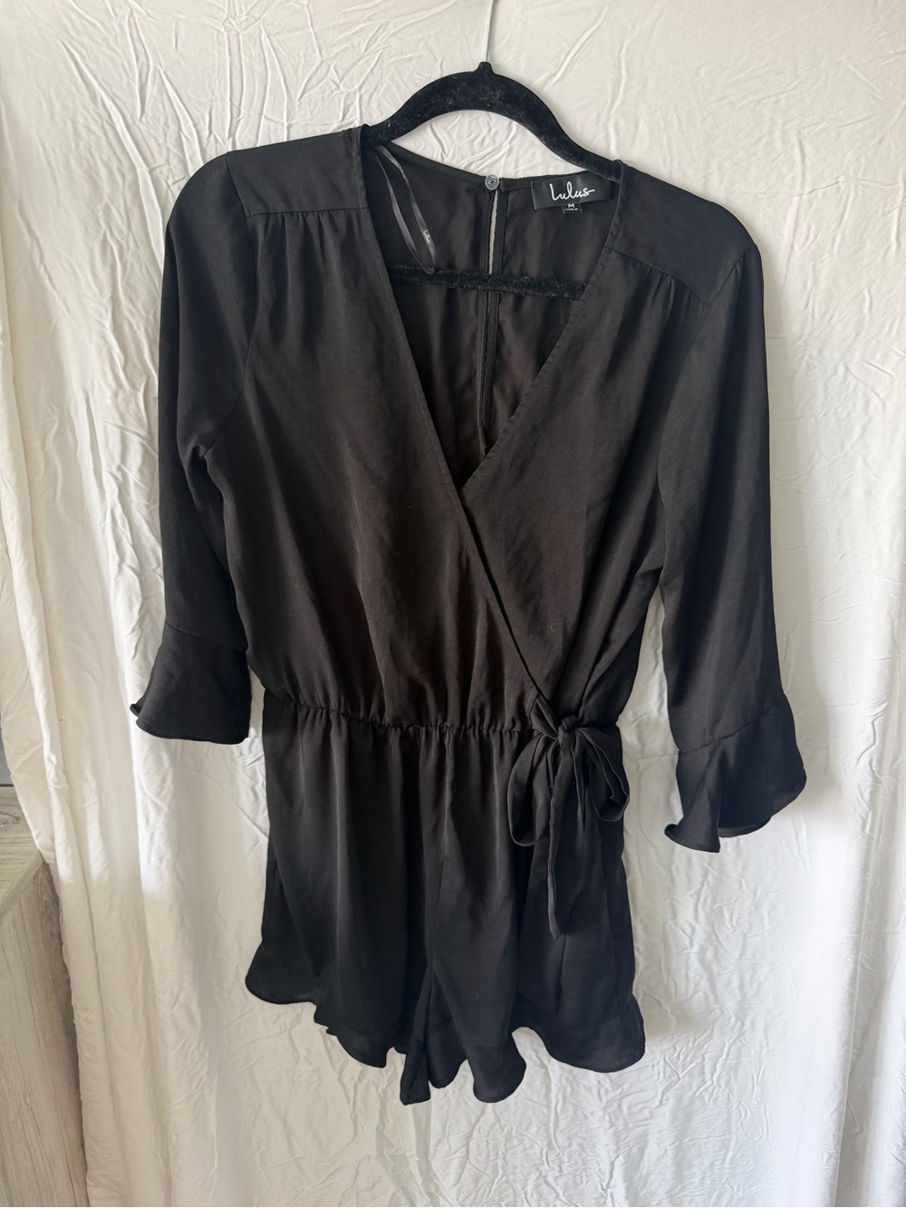 Lulu's Black Wrap Tunic Romper with Tie Waist